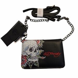 Ed Hardy Black Wallet Skull‎ Black Chain Crossbody Purse New